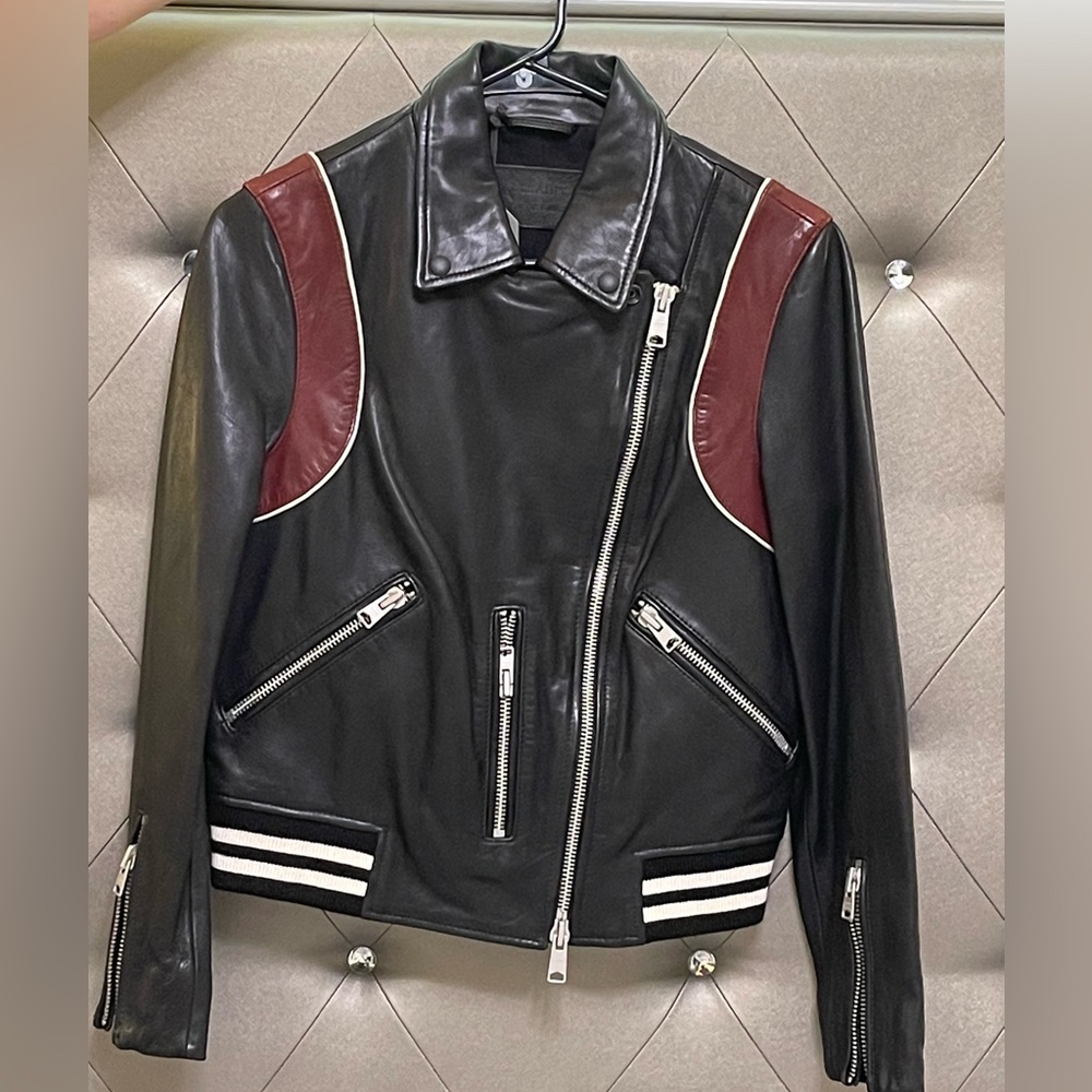 NWT - All Saints Women’s Black and Burgundy Leather Jacket